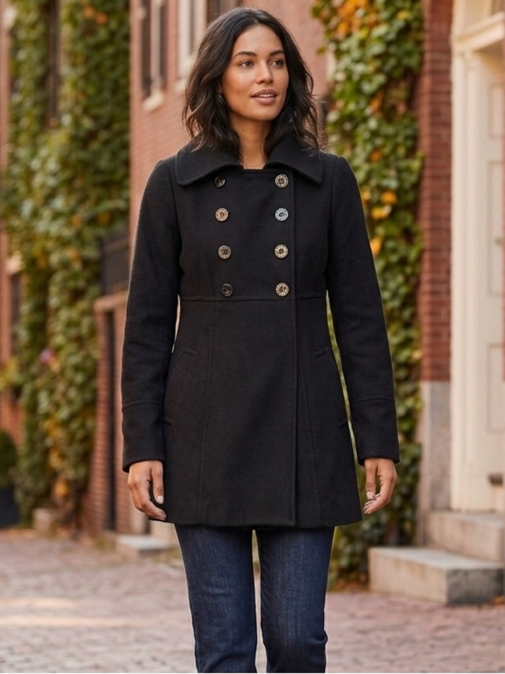 GUESS Los Angeles Black Wool Blend Double Breasted Pea Coat Jacket Size Small